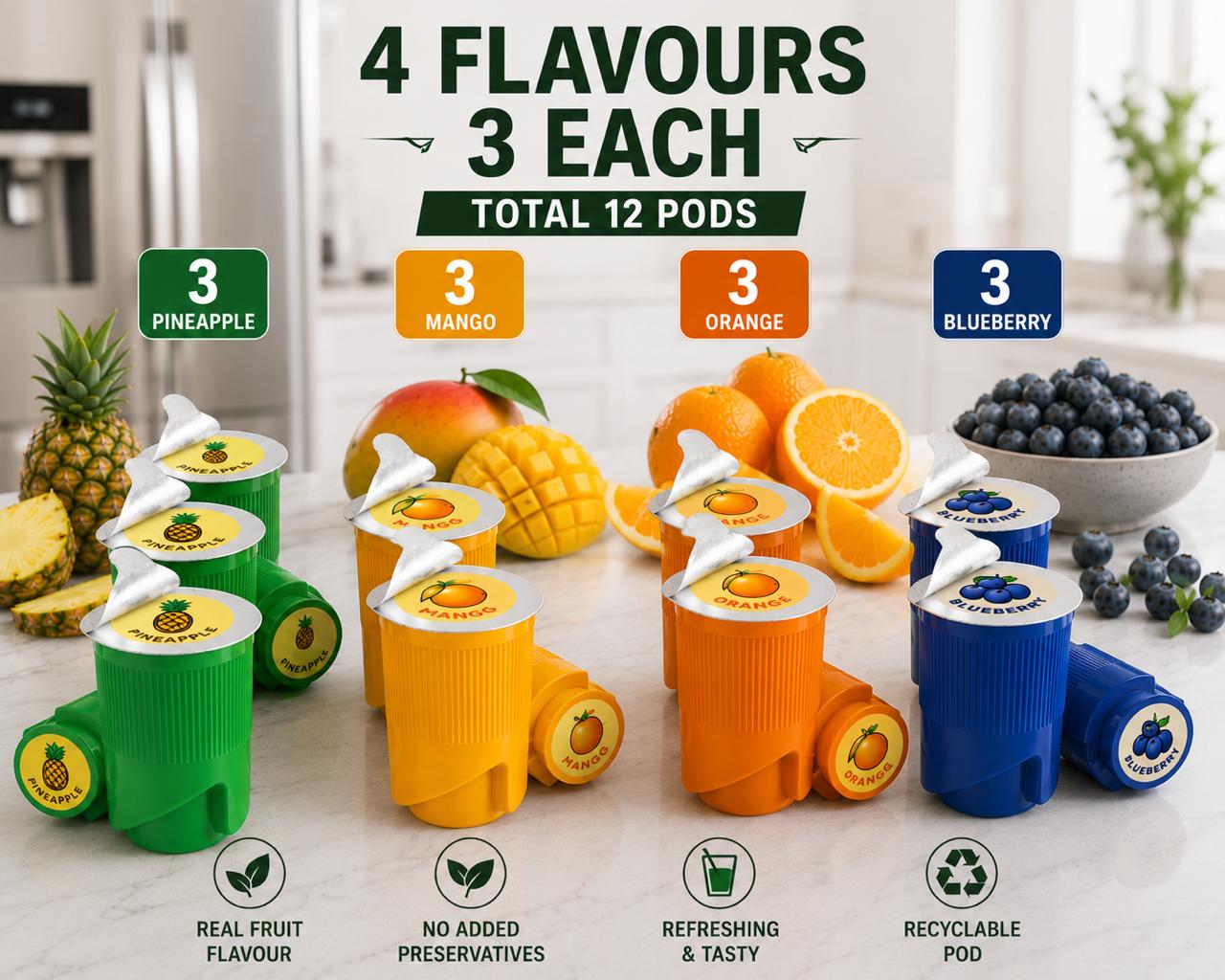 FLAVOFIZZ Mixed Flavour Combo Pack (Pack of 4,8,12,16) | Mango, Orange, Pineapple & Blueberry | Fruit Flavoured Water Caps
